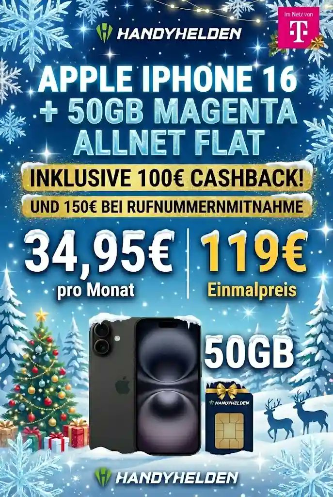 simdealz's tweet photo. 🚨 #Apple #iPhone 16 Deal nur bis Mittwoch!

📱 iPhone 16 (128GB)
📡 #freenet #Telekom Magenta M (50GB 5G)
💰 34,95€/Mon. + 119€ Zuzahlung
🎁 150€ MNP + 100€ Cashback
✅ Effektiv nur 2,41€/Mon.
⏰ Nur bis 17.12.!

👉 https://t.co/OoCw1CGzq4 https://t.co/Zbr9J5eTrW