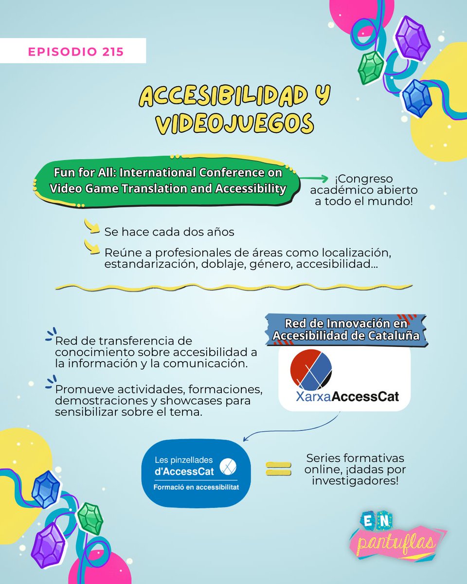 ¡Pst, pantuflers!

Recopilamos unos datos sobre el área de accesibilidad y videojuegos en la que Carme trabaja. Here you go!

1) Fun for All: International Conference on Video Game Translation and Accessibility | webs.uab.cat/videogamesacce… 
2) Red AccessCat | accesscat.net/es