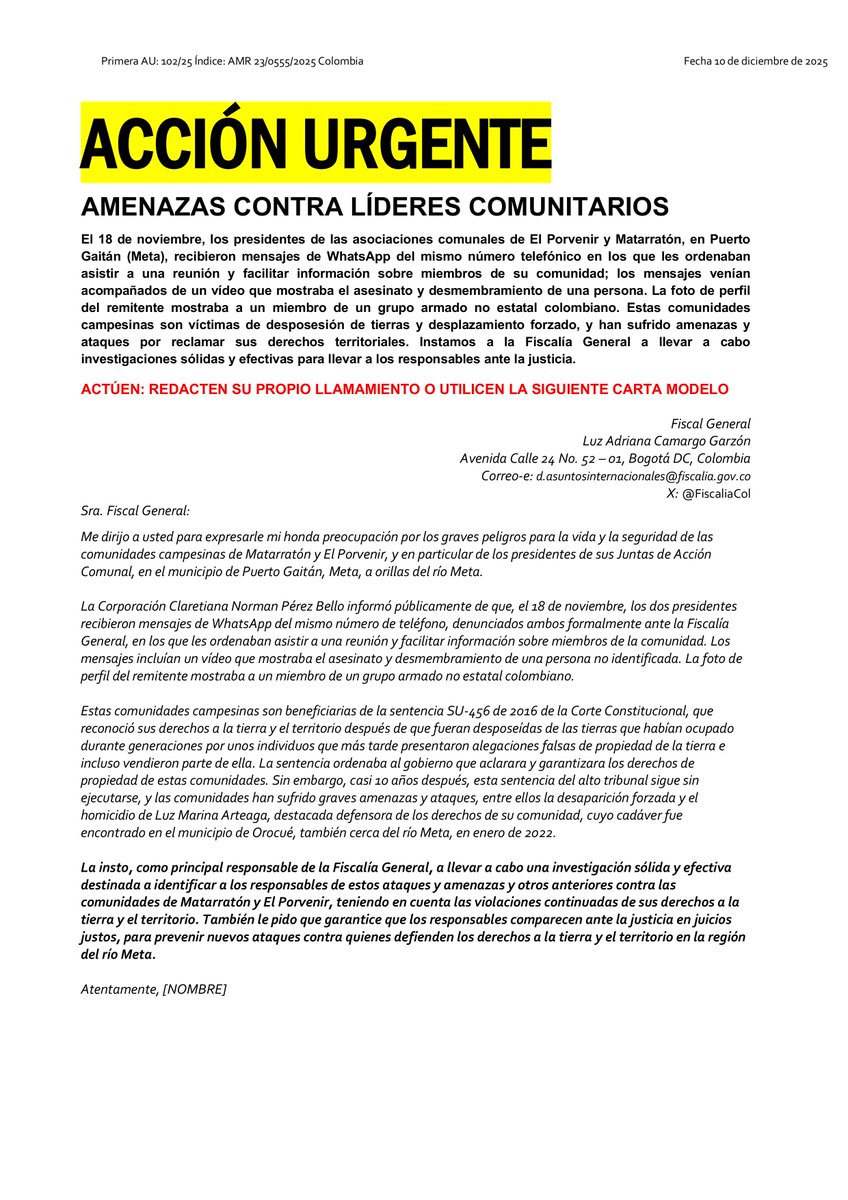 El 18 de noviembre, líderes comunales de El Porvenir y Matarratón (Puerto Gaitán, Meta) recibieron amenazas por WhatsApp con un vídeo de asesinato. Comunidades víctimas de despojo y desplazamiento. Exigimos a <a href="/FiscaliaCol/">Fiscalía Colombia</a> investigar y llevar a los responsables ante la justicia.