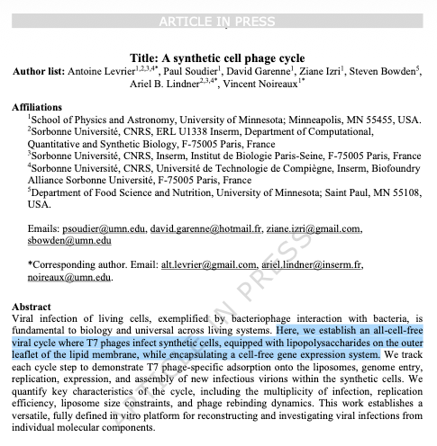 NikoMcCarty's tweet photo. "A synthetic cell phage cycle."

This paper shows the first viral lifecycle (from infection to replication to release) achieved using synthetic cells.

A bacteriophage is a virus that infects bacteria. This study focused on T7, which infects strains of E. coli. The typical phage lifecycle goes like this:

1. The phage lands on a cell membrane, latching onto lipopolysaccharides which branch out from the surface.

2. T7 injects its genome into the cell. The cell "reads" this DNA, copying it and using it to build more phages.

4. Phages get assembled. T7 has a head, a double-stranded DNA genome, and tail tibers which grab onto cells.

5. The phages are released; often they literally "blow up" the cell and rush through the opening.

These steps seem relatively straightforward, but no studies before this one have done all of them in synthetic and enclosed cells. Many other papers, though, have managed to make phages in test tubes; it's just that they didn't include the infection or release steps.

For this paper, the authors first made little "bubbles" by mixing fats and lipids and then embedded modified lipopolysaccharide molecules on their surfaces. They filled these bubbles with cell-free extracts, made from squished/killed E. coli cells. (So this is cheating a bit; it's not truly a chemically-derived, synthetic system.)

Next, they modified T7 phages so that their genomes encoded a red fluorescent protein. This way, they could track infections over time, as infected bubbles became a darker red color.

The phages were added to the bubbles and infected them over ~4 hours. To get the new phages *out* of the bubbles, the authors cheated a little (again) by quickly adding salt to trigger an osmotic shock that blew up the bubbles.

One interesting thing here is that Arthur Kornberg (Medicine Nobel, 1959 for discovering DNA polymerase) once imagined exactly such a "synthetic" virus lifecycle, writing in 1974: "Despite the extraordinary complexity of the viral life cycle, its dissection and eventual reconstruction with chemically defined components in a cell‐free system from start to finish remains an attractive prospect."

The next step here, of course, will be to get the phages to release from cells on their own and to extend this to other phages or viruses. The point of this work, I'd say, is mostly basic; it's an ode to the old Feynman adage: "What I cannot create, I do not understand." This, at least, proves that we understand all the components of a T7 phage lifecycle. In building synthetic systems for other viruses, we can figure out what we know -- and don't know -- for them as well.

In terms of applications, this approach also makes it easier to study viral infections in a more controlled and repeatable way; researchers can make tons of variables and screen for their impacts much more quickly, all without without having to grow / rely on the intricacies of living cells.