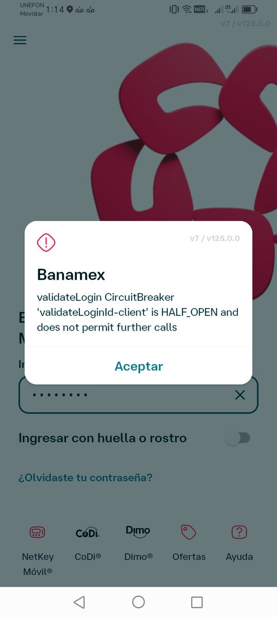 MARYRUTH76's tweet photo. @banamex Esto me aparece y con huella no puedo. Necesito hacer pagos desde la app https://t.co/B3izcNGcQT