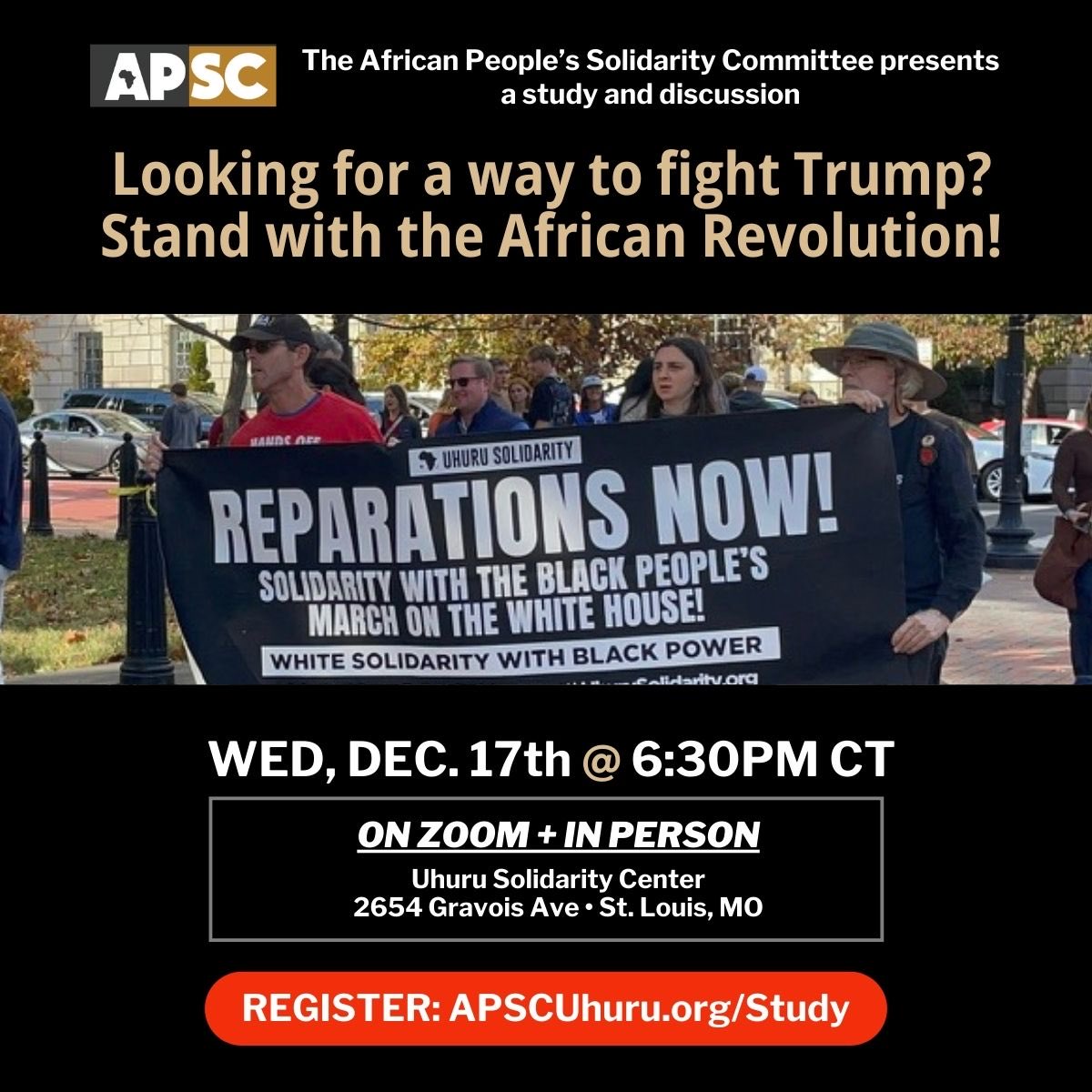 Join the African People’s Solidarity Committee’s December political study and discussion of African Internationalist readings.

Register at APSCUhuru.org/Study 

African Internationalism is the political theory developed by the African People’s Socialist Party and its
