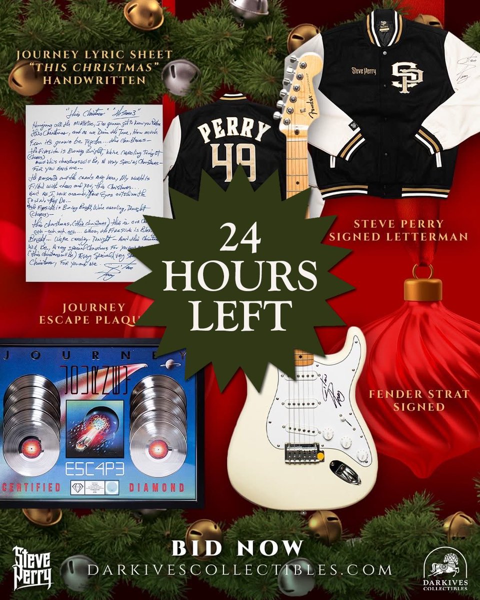 StevePerryMusic's tweet image. 24 HOURS LEFT TO BID on over 90 lots from Steve Perry’s personal archive in this special Holiday charity auction, benefiting Gilead House. Act fast as the auction runs until 12 noon PT, Tuesday December 16th. Go to darkivescollectibles.com to bid now!