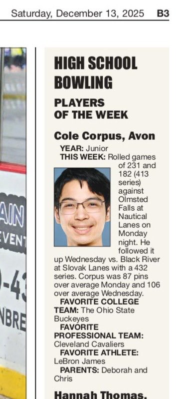 Congratulations to Cole Corpus for his achievement and being recognized in The Chronicle as a Player of the Week!

No one has worked harder than Cole in the off-season and he continues to put in the work every week!  🦅🎳
