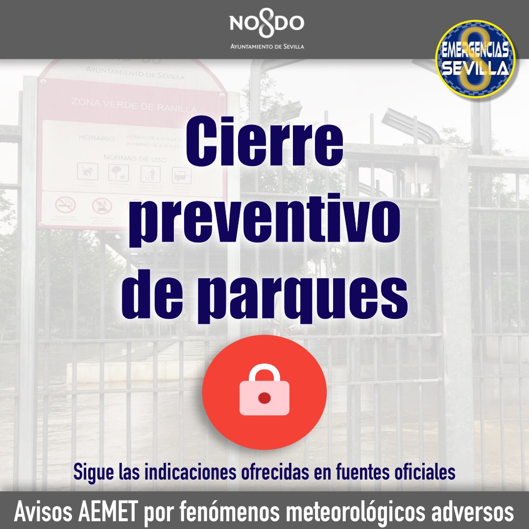 EmergenciasSev's tweet image. 🔐El @Ayto_Sevilla adelanta el horario de cierre de los parques públicos e instalaciones deportivas ante el aviso amarillo por lluvias activado por #Aemet en #Sevilla hasta las 03:00 h.
Antes de la reapertura se procederá a su inspección en el día de mañana por los técnicos…