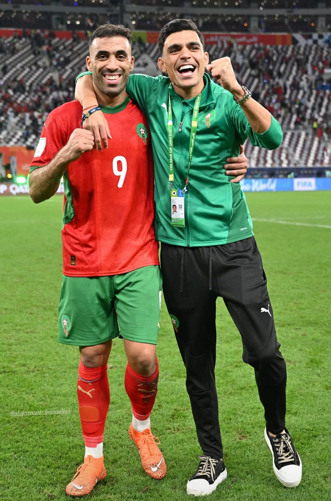 احتفال بنشرقي وحمد الله بتأهل المنتخب المغربي لنهائي كأس العرب 