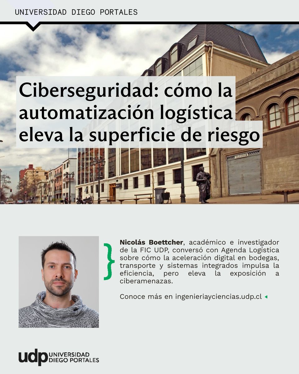 #PrensaFIC 📰 Nicolas Boettcher, académico e investigador de la FIC UDP, conversó con <a href="/Agendalogistic/">Agenda Logística</a> sobre cómo la aceleración digital en bodegas, transporte y sistemas integrados impulsa la eficiencia, pero eleva la exposición a ciberamenazas.

agendalogistica.cl/automatizacion…
