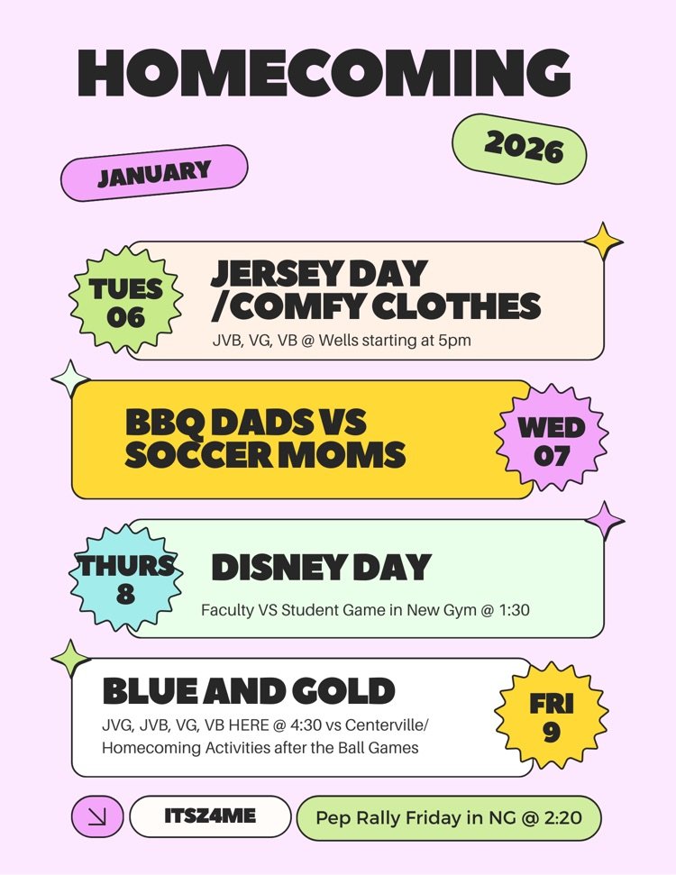 Homecoming week will be when we return from Christmas Break, January 6th-9th!!!