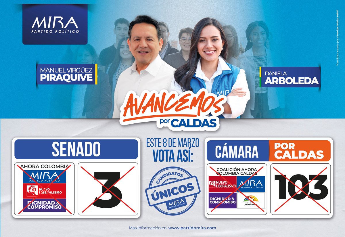 Este 8 de marzo avanzamos por Caldas con una decisión clara, responsable y basada en la confianza y los valores.

<a href="/PartidoMIRA/">Partido MIRA</a>