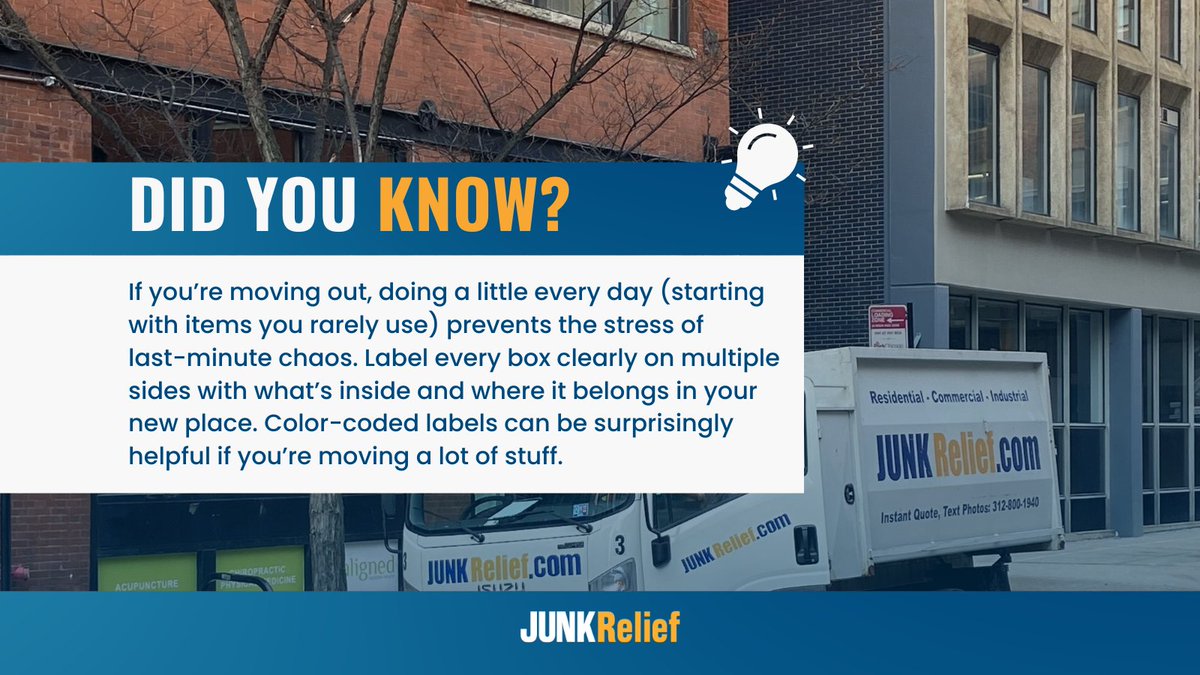 JunkRelief's tweet image. Moving soon? Start packing a little each day: begin with things you rarely use to avoid last-minute chaos. Label every box on multiple sides with its contents and destination. Color-coded labels = game changer when you've got a lot to sort. ✅

#MoveSmart #PackingTips #MovingHack