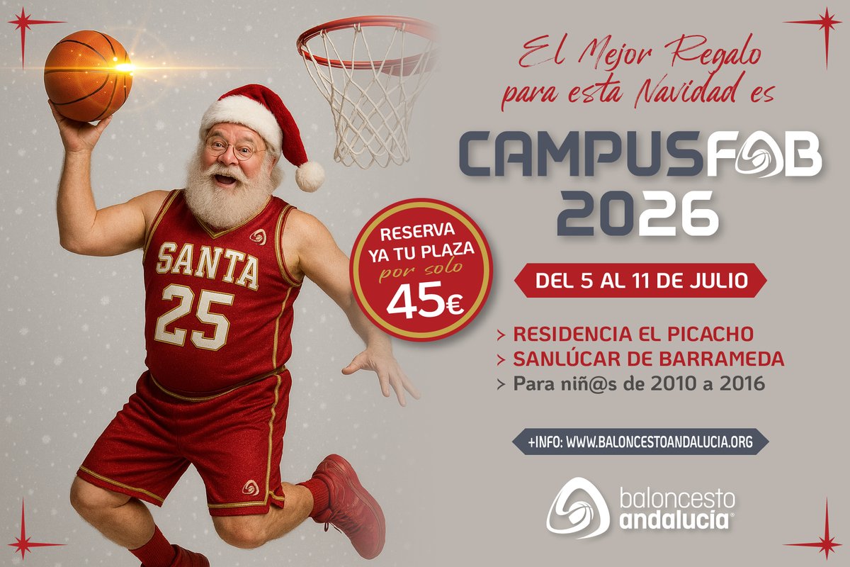🎅🎄🎁🏀

🤔 ¿El mejor regalo para esta Navidad? 👉 #CAMPUSFAB

📅 Del 5 al 11 de julio de 2026 en Sanlúcar de Barrameda.

ℹ️ Preinscripción ya disponible en nuestra web 👉andaluzabaloncesto.org/noticia-4-3976…

#CampusFAB2026