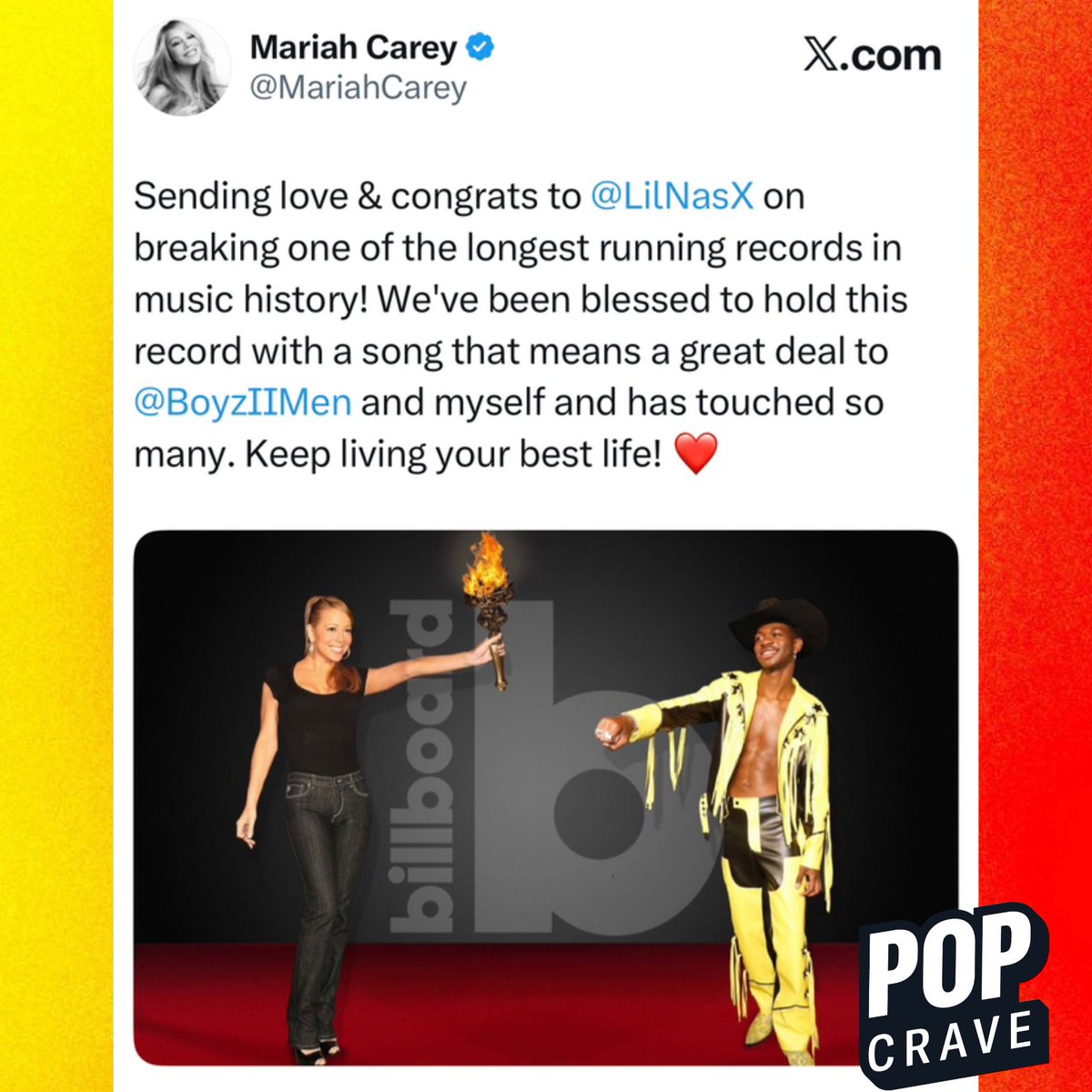 Mariah Carey takes back her torch after reclaiming the Billboard Hot 100 record for most weeks at #1 with “AIWFCIY” (20 weeks).