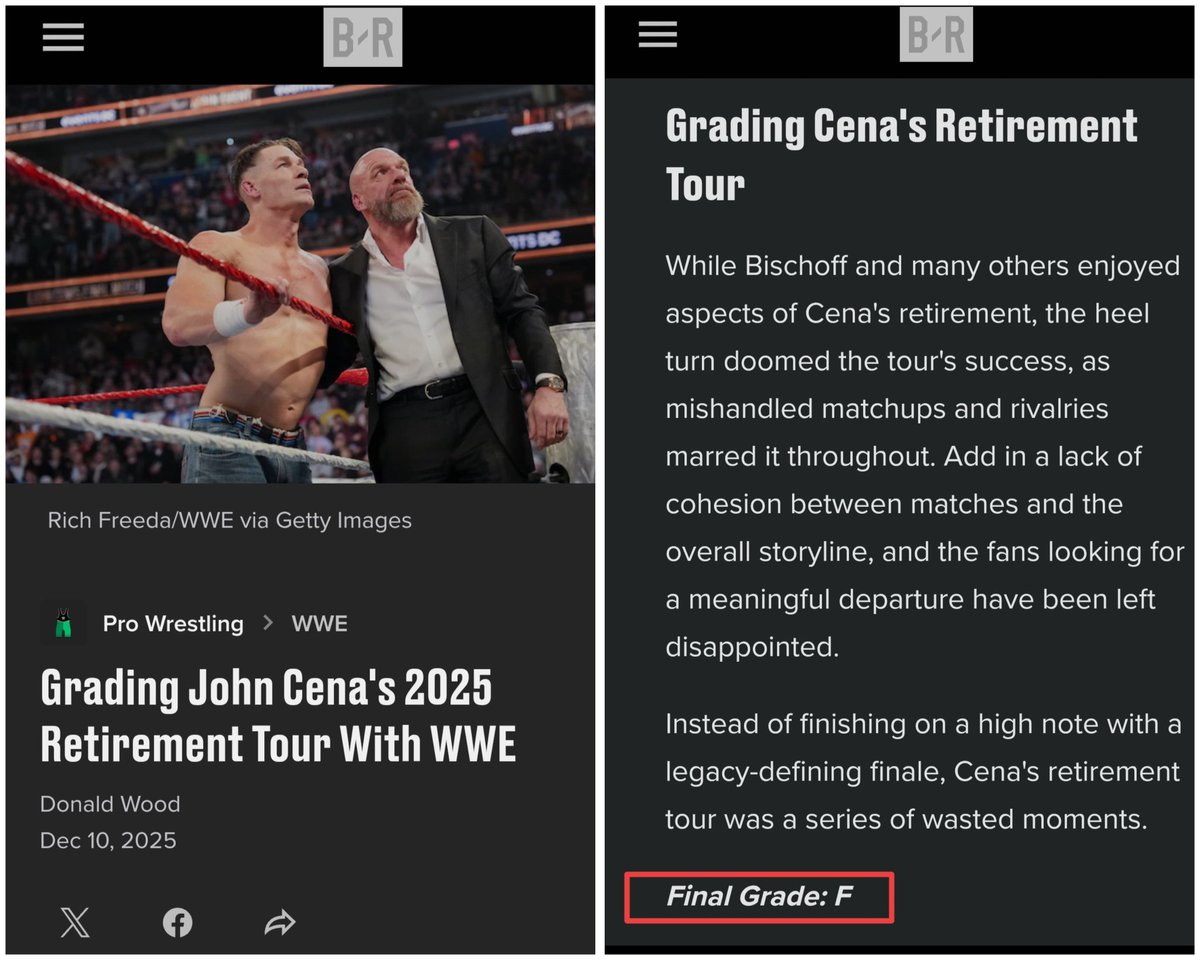 AEWCer0Miedo's tweet image. Bleacher Report graded John Cena’s WWE retirement tour an F 👀 

via @BleacherReport