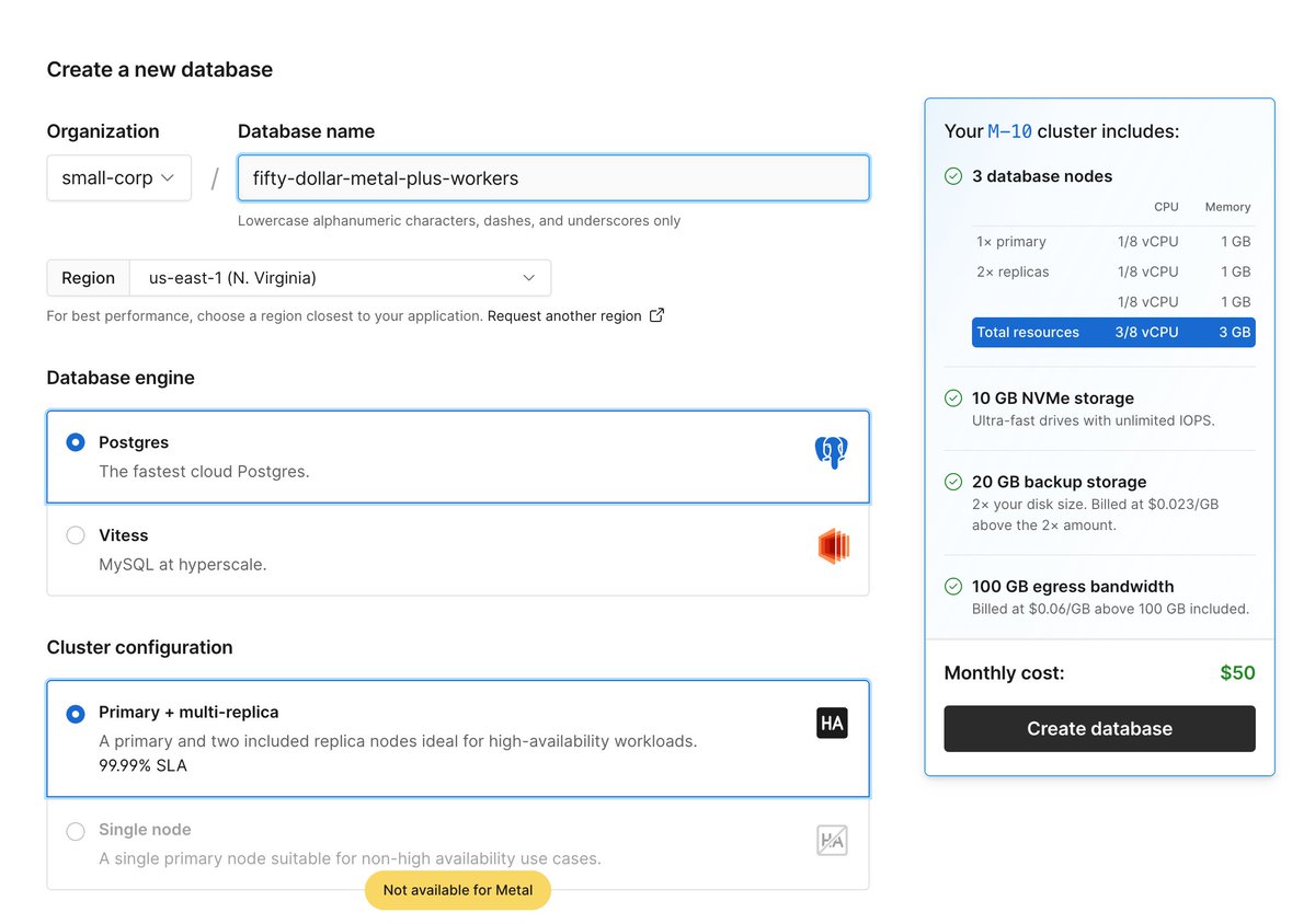 Já volto: conectando um novo banco de dados Metal de US$ 50 ao Workers:
1. No painel, acesse Hiperdrive -> Criar
2. P