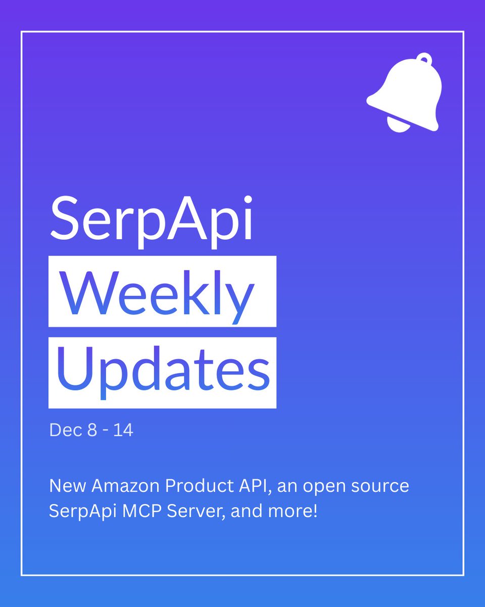 serpapi's tweet image. 🚀 Weekly Updates (Dec 8 - 14)

We launched the new Amazon Product API, as well as an open source SerpApi MCP Server! As well as improvements and updates across our APIs.

For more details, review our weekly changelog blog post:
serpapi.com/blog/serpapi-w…

Check out the full list of…