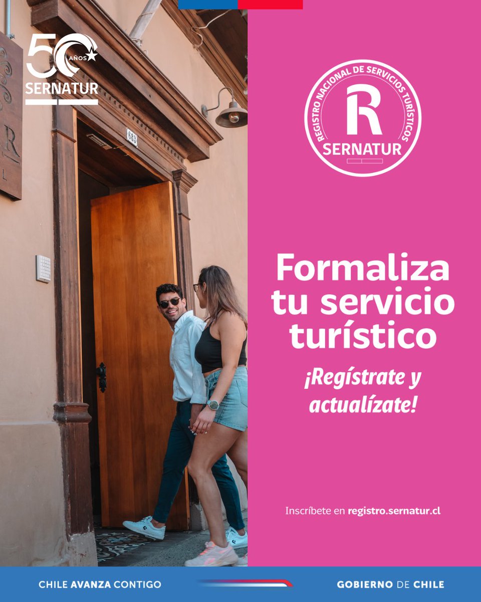 ¿Por qué es importante estar registrado en Sernatur? 🤔

😊☝️ Si tu servicio turístico está registrado podrás participar en programas, ferias, campañas, acciones de difusión u otras iniciativas de crecimiento y visibilización.

Ingresa a 👉portalserviciosturisticos.sernatur.cl