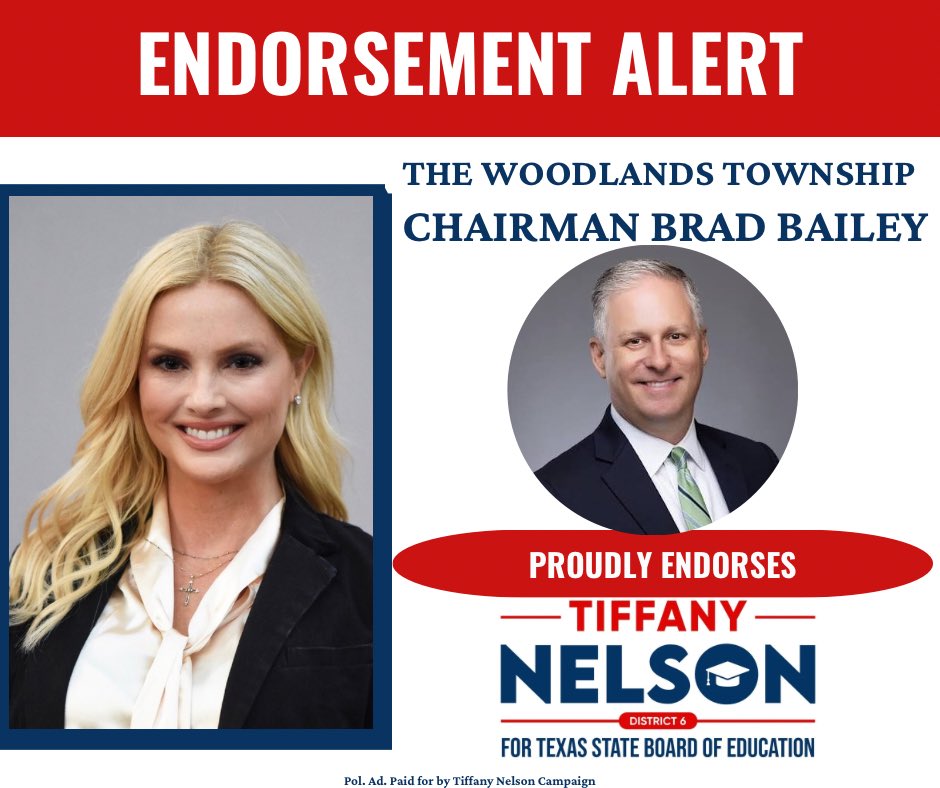 🚨ENDORSEMENT ALERT:THE WOODLANDS TOWNSHIP CHAIRMAN <a href="/BradBaileyTX/">Brad Bailey</a>🚨A proven conservative track record in education, policy &amp;  curriculum🟰strong relationships with community leaders to fight together for strong schools, parental rights, and excellence in education across Texas.