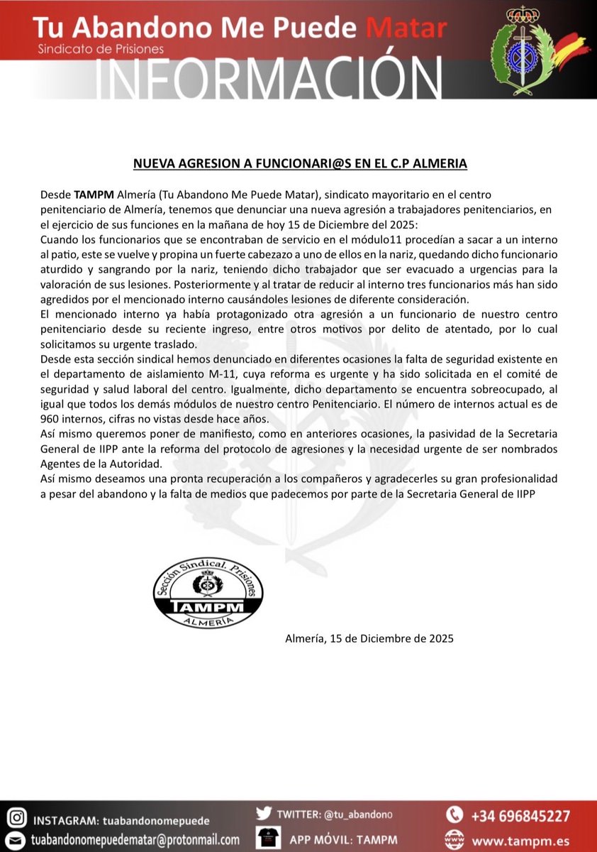 🚨🚨➡️Hoy nuevamente tenemos que lamentar una agresión por parte de un interno a 4 compañeros causándoles lesiones de diferente consideración ⬅️🚨🚨
🛑🛑STOP AGRESIONES EN IIPP🛑🛑