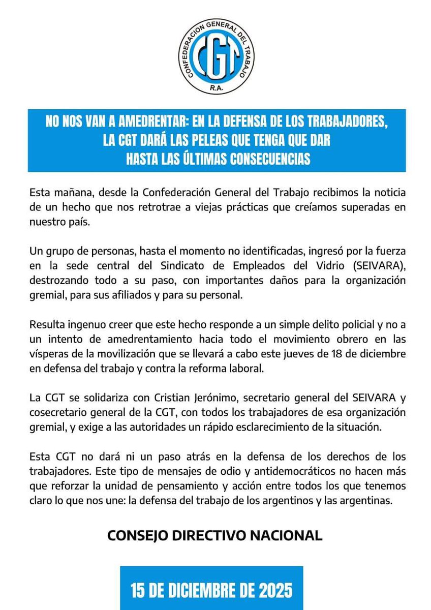 Repudio enérgicamente el atentado sufrido al <a href="/seivaraoficial/">SEIVARA Oficial</a>, un hecho gravísimo que merece un esclarecimiento inmediato. 
Toda mi solidaridad con mi compañero y Secretario General <a href="/cjeronimook/">Cristian Jeronimo</a> y con las compañeras y los compañeros del vidrio.