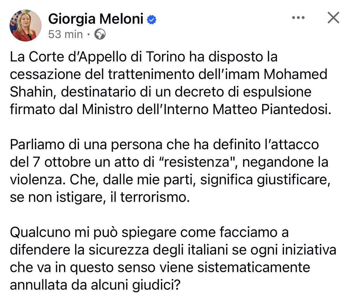 Marcolisei's tweet image. Espulsione decisa.
Misura annullata.
E chi tutela gli italiani?
Giorgia Meloni pone una domanda legittima: come garantire sicurezza se ogni provvedimento viene cancellato?
Noi stiamo dalla parte dello Stato e della legalità.