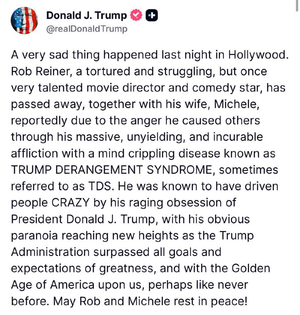 ultimoranet's tweet image. Donald Trump ha pubblicato un messaggio su Truth definendo la morte del regista Rob Reiner e della moglie come un fatto legato al “Trump Derangement Syndrome”. 
Il presidente americano ha accusato il regista scomparso di “Far impazzire la gente con la sua ossessione per Trump…