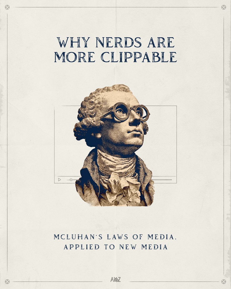 a16z's tweet image. The “Podcast into posts” pipeline is now a standard way that news and entertainment gets prospected and packaged, and we take it seriously at a16z as a leading indicator of not only where media is going, but more generally, “who is influential, and why.”

a16z.news/p/why-nerds-ar…