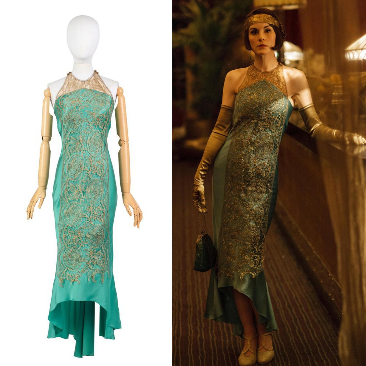 English actress Michelle Dockery was born #OnThisDay in 1981. She wore this  Anna Robbins designed halter-neck, bias-cut evening dress of seafoam green  silk with a gold lace overlay as Lady Mary Crawley