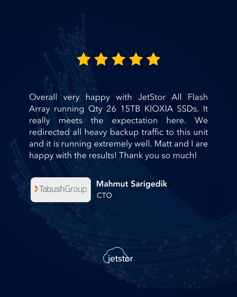We’re grateful for the trust our customers place in JetStor.

It’s always exciting to see long-time partners like Tabush Group expanding their infrastructure with our JetStor Flash appliances.

Thank you as well to our technology partners QSAN and KIOXIA for helping make this