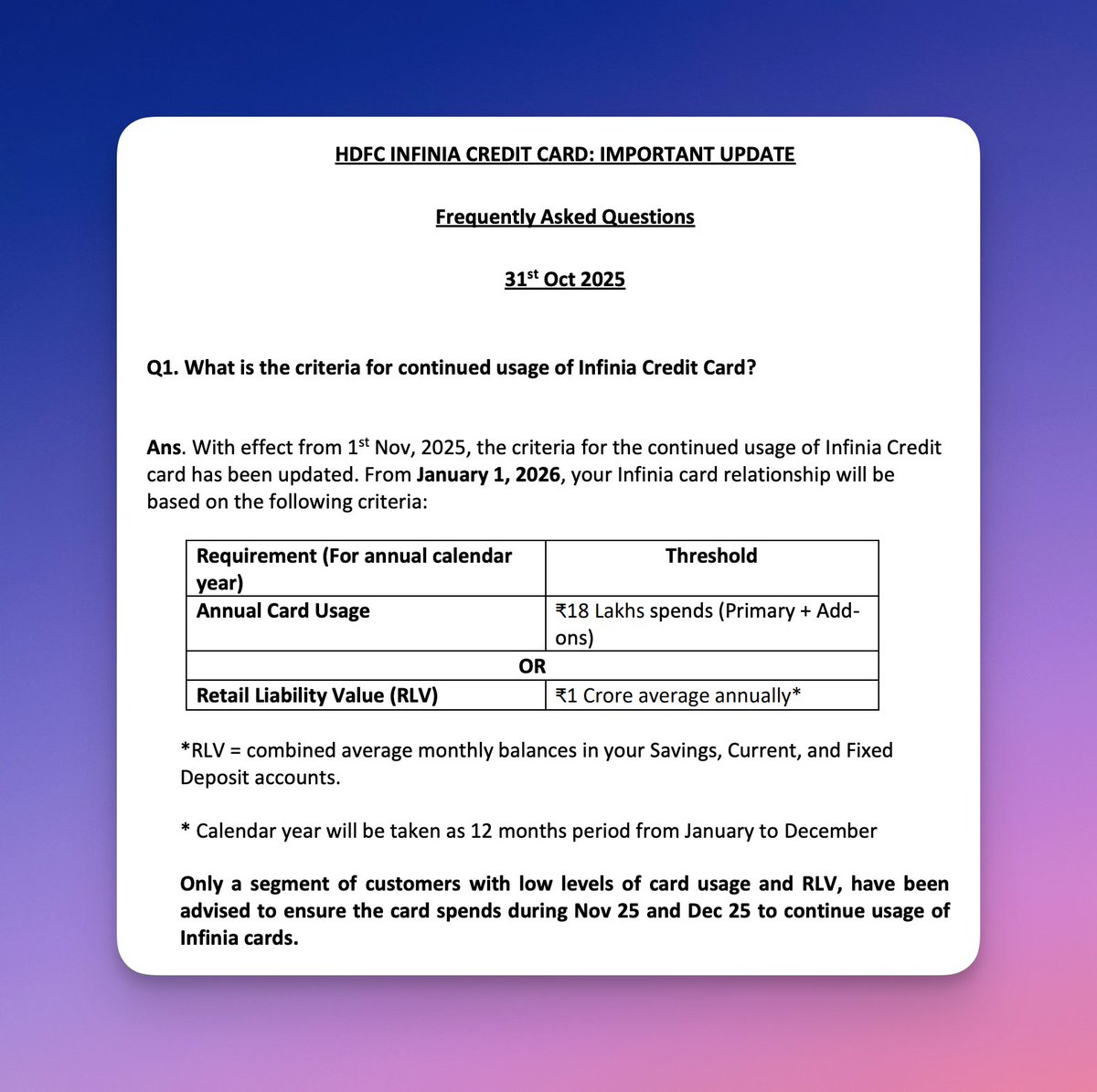 18 Lakhs spend to keep a credit card? 🤯

HDFC Infinia's new renewal criteria (effective Jan 1, 2026) is brutal:

Spend ₹18L

Or keep ₹1Cr in the bank

Seems like they are filtering out the "points hackers" to focus on actual HNIs. Thoughts? 👇

H/t - <a href="/ankurmittal/">Ankur Mittal</a>