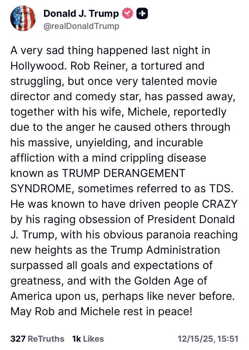 wcdispatch's tweet image. Let me translate this post from President Trump on Rob Reiner for you: 

“May God bless my enemies, because I f***ing won’t.” — DJT