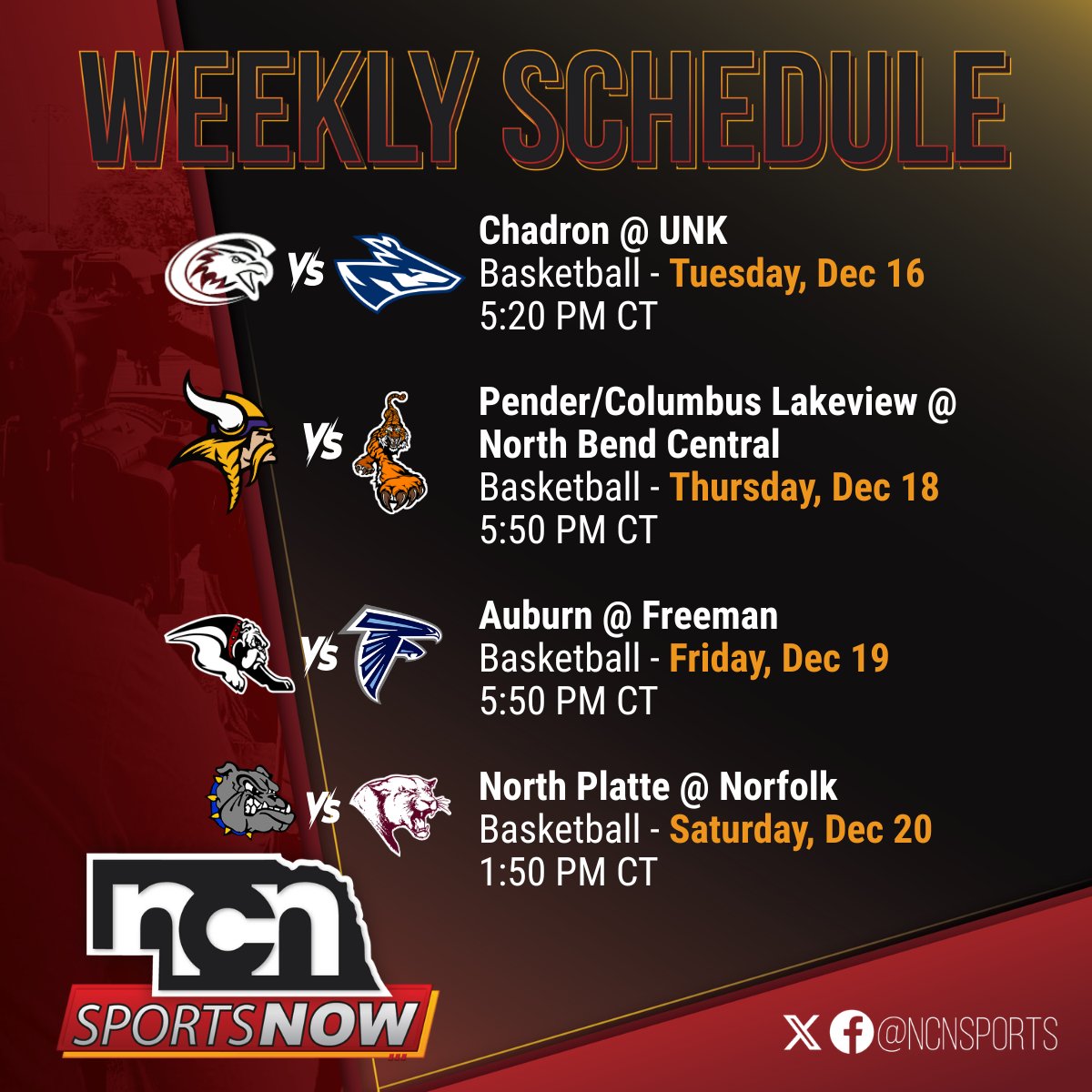 NCNSports's tweet image. 📺📅: NCN TV GAMES - WEEK OF DEC 15 🏀🏀

@NewsChannelNE is televising 8⃣ high school and college basketball games starting Tuesday!

🦅 Chardon State vs UNK 🤘
🐉 Pender vs North Bend Central (G) 🐅
🛡️ Columbus Lakeview vs North Bend Central (B) 🐅
🐶 Auburn vs Freeman 🔵
🐶…