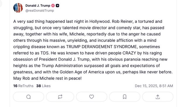 jeffreysms's tweet photo. It is hard not to contrast Trump’s statement about the death of Rob Reiner with that of Obama.  It is way past time that we get back to a politics of respect. Treating others - especially those just murdered - with some dignity &amp; respect. https://t.co/1mAZmTHYuB