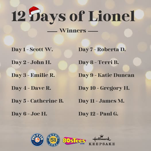 Congrats to all of our 12 Days of Lionel winners!
Thanks to everyone who followed along, entered, and helped make the season extra special.