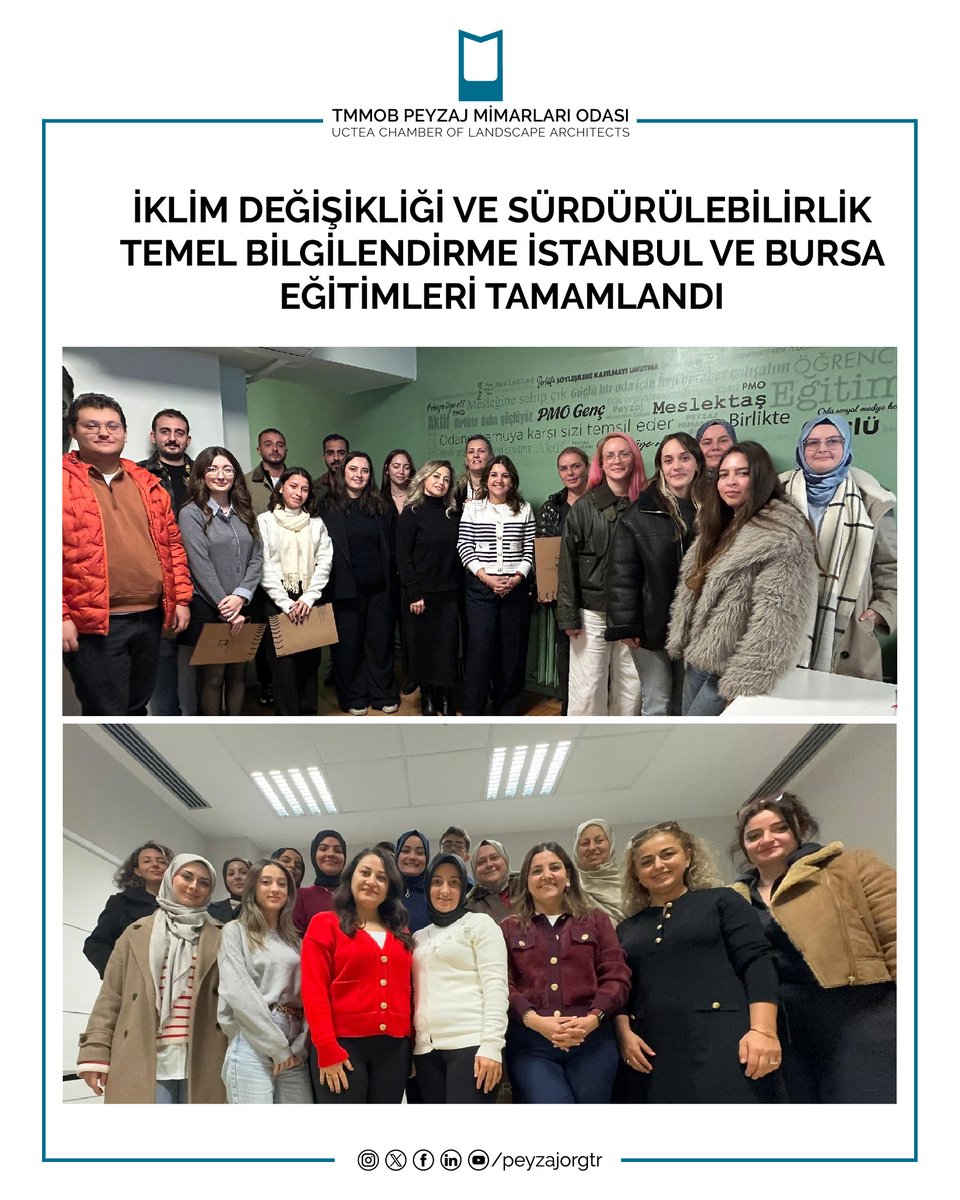 TMMOB Peyzaj Mimarları Odası tarafından İstanbul, Bursa, İzmir, Antalya, Adana, Trabzon ve Ankara’da gerçekleştirilmesi planlanan "İklim Değişikliği ve Sürdürülebilirlik Temel Bilgilendirme Eğitimi"nin İstanbul ve Bursa'daki etapları tamamlanmıştır.

peyzajmimoda.org.tr/icerik/2025121…