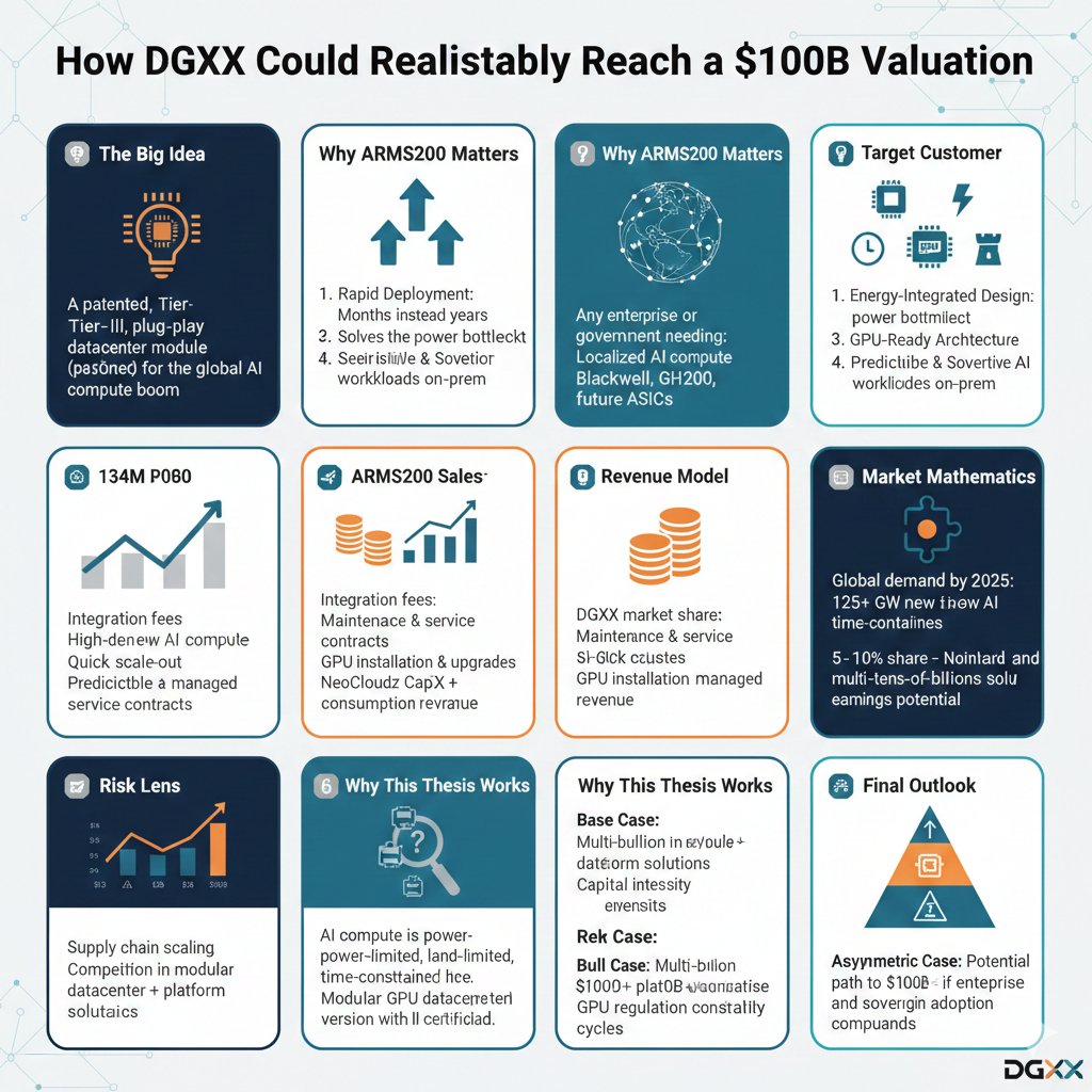 How $DGXX Could Realistically Reach a $100B Valuation
---
Section 1 — The Big Idea

A patented, Tier-III, plug-and-play datacenter module (ARMS200) positioned for the global AI compute boom.
---
Section 2 — Why ARMS200 Matters

Four pillars of value:

1. Rapid Deployment: Months