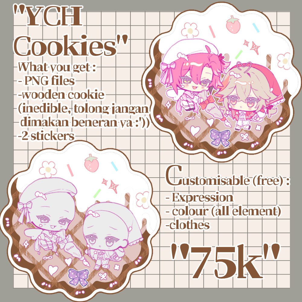 maple_rusa's tweet image. I'm opening YCH couple commission for these cookie template if anyone is interested!🍪
You will get 1 wooden cookie (can be turned into pin/magnet) + 2 stickers!

Because it's a printed YCH, I only accept locals. You may fill the form below if you are interested! ✨