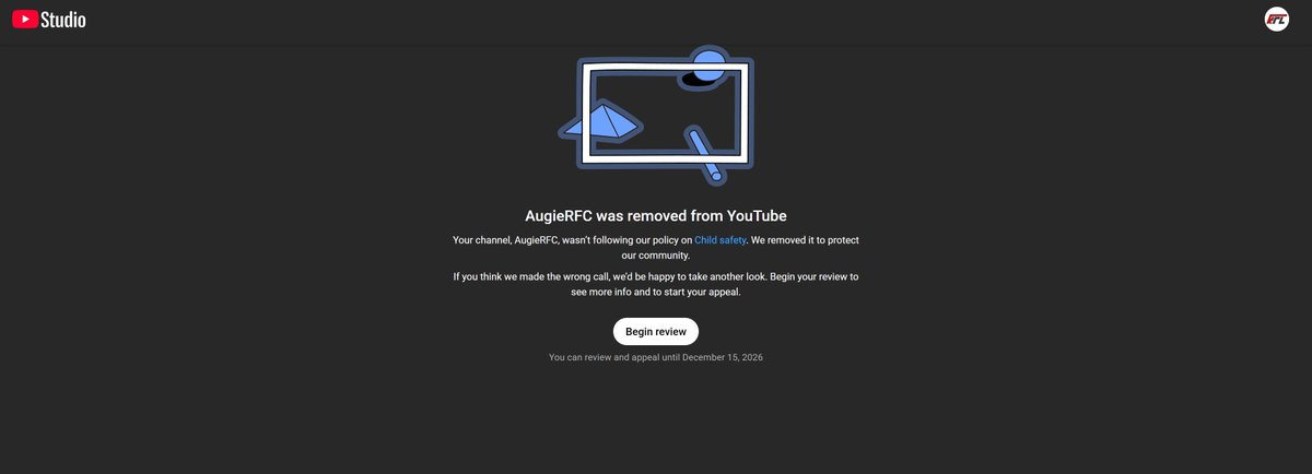 AugieRFC's tweet image. 🚨RETWEET

Today I woke up and found out my entire channel "AugieRFC" was suspended (along with my personal google account that is on a completely separate email and private)

Please follow me on Kick. I will try to get my channel reinstated, but I am not hopeful at the moment.…