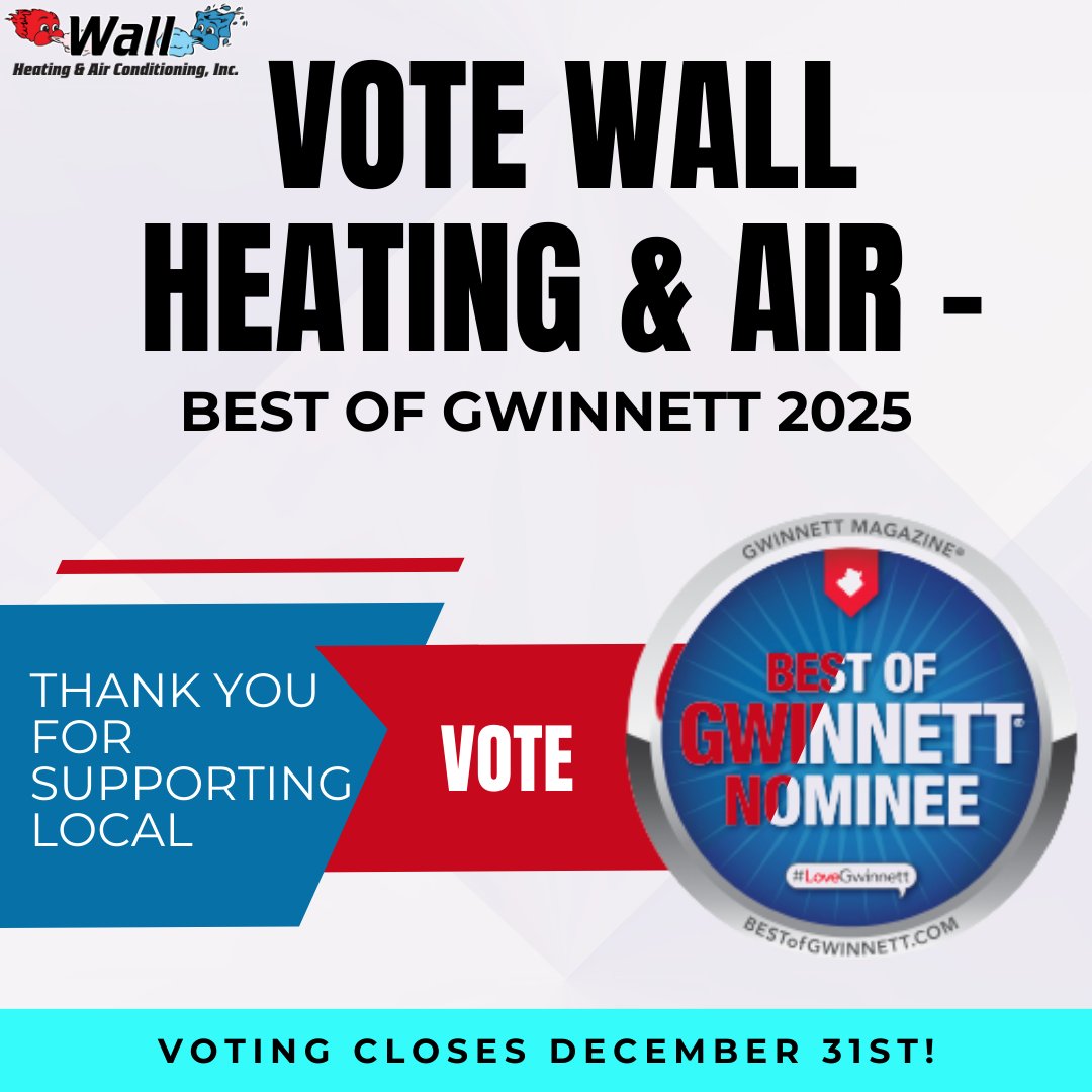 WallHeatingAC's tweet photo. We’re so proud to serve our Gwinnett neighbors — and even prouder to be nominated again for Best of Gwinnett! If our team has helped keep your home warm in the winter or cool in the summer, please take a moment to vote for us.💙
🗳Vote before December 31st https://t.co/yuMFqLYN5E https://t.co/gZLOVjJWvl