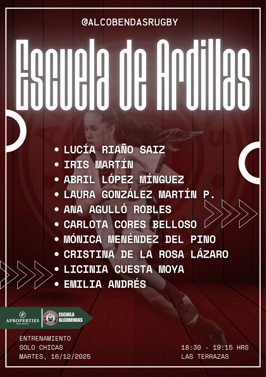 🐿️ I Convocatoria · Entrenamiento Escuela de Ardillas
📅 Martes 16 | 🕡 18:30
📍 Las Terrazas | M7–M13

Entrenamiento conjunto con jugadoras de la Madrileña del club.
Invita a una amiga y ven a disfrutar del rugby granate.

¡Vamos Ardillas! 🔴
#SiempreGranatesEllas