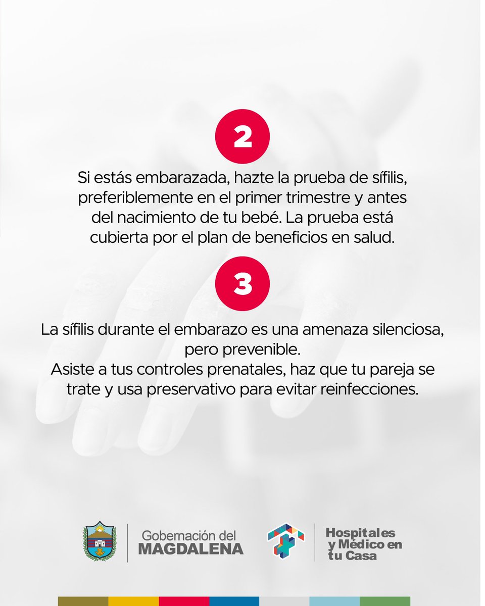 La Gobernación del Magdalena te recuerda: Prevenir es Salud, toma el control. Hazte la prueba de sífilis y recibe tratamiento.

La sífilis es una Infección de Transmisión Sexual que puede transmitirse de la madre al bebé durante el embarazo.