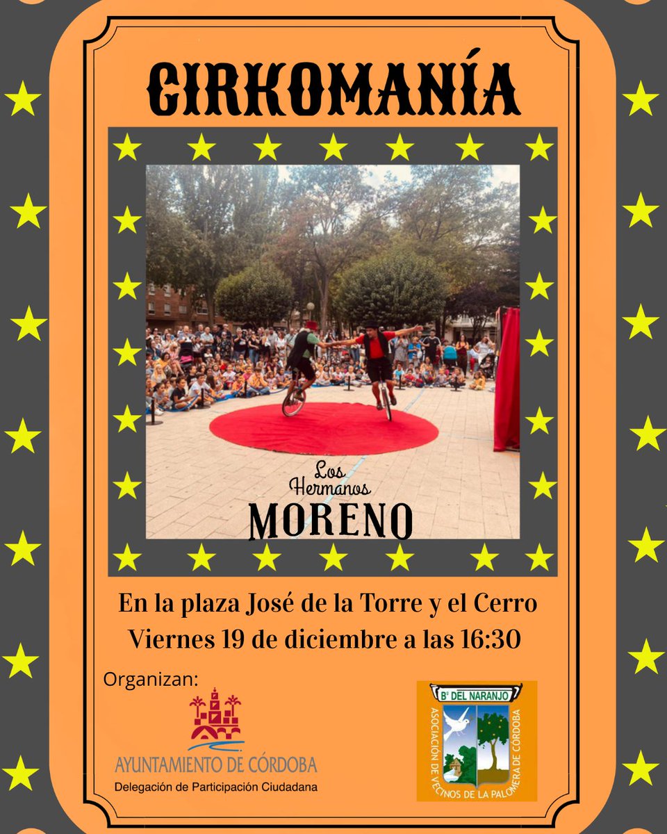 ¡Llega "Cirkomanía" a El Naranjo! 🎪 Viernes 19 de diciembre a las 16:30 h en la Plaza José de la Torre y el Cerro. ¡Una tarde de circo y risas para toda la familia! Organiza @ParticipacionCBA y AV La Palomera. 🎉

#Cirkomanía #ElNaranjo #Participación