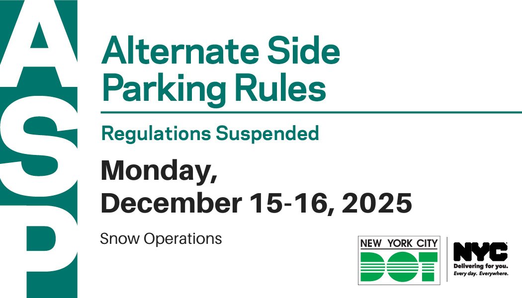 NYC_DOT's tweet image. Alternate Side Parking @NYCASP will be suspended today, 12/15 and tomorrow, 12/16 for snow operations.

Meters remain in effect.