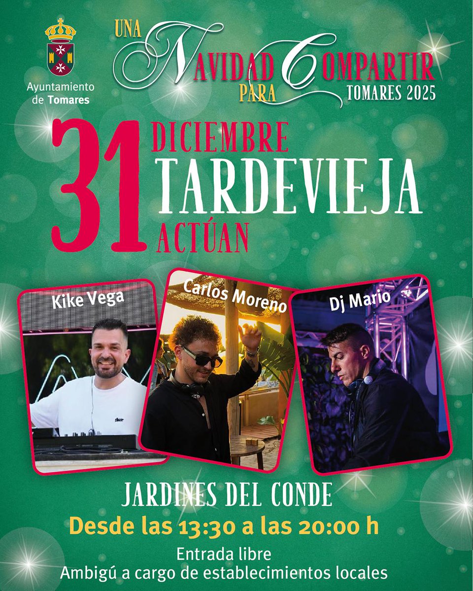 🔥¡Este año, por primera vez celebramos Tardebuena y Tardevieja!

Dos fiestones en para disfrutar entre amigos
📍Jardines del Conde
🕜 De 13:30 a 20:00 h

🎟️ Entrada libre
🎤 Al Lío
🎤 Tempo Group
🎧 Kike Vega
🎧 DJ Mario
🎧 Carlos Moreno

🍻 Ambigú con establecimientos locales.