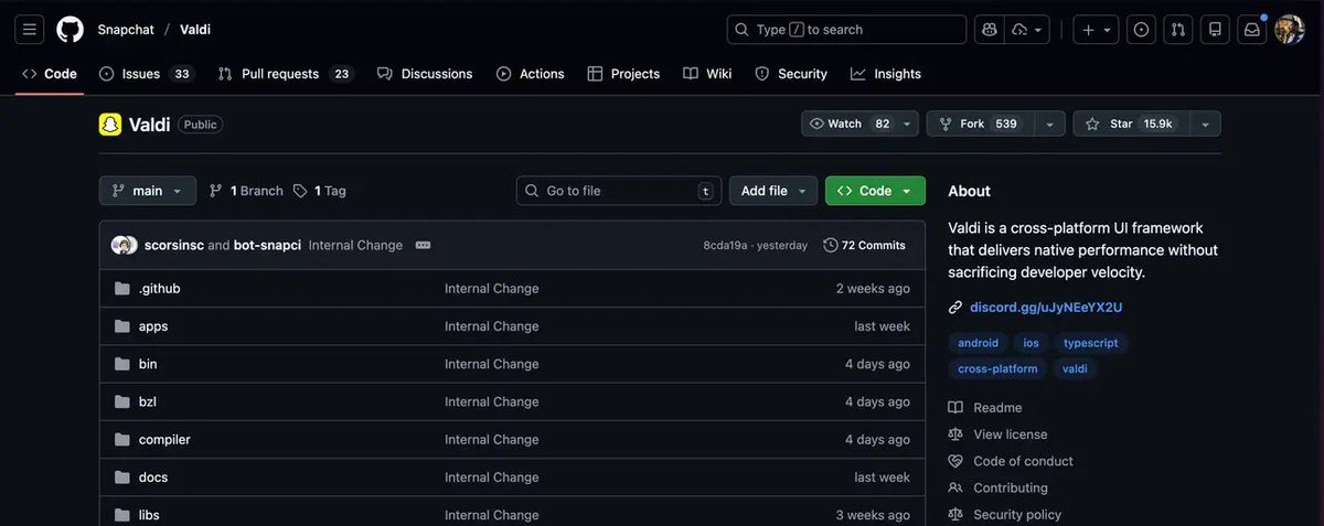 سناب شات (Snapchat) فاجئتنا كلنا بـ Valdi
A cross-platform UI framework that delivers native performance

الـ Repository بقالها تقريبا شهر (لسه بالكرتونه 😂)
github.com/Snapchat/Valdi

المفاجأة الاكبر بقا انهم كاتبين كدا بالنص

Beta Status: Valdi has been widely used in Snap's