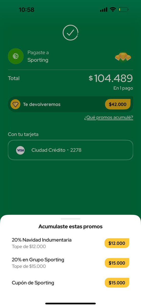 vmenditto's tweet image. 👟 Sporting 

🎄 20% MODO NAVIDAD 
tope $12.000

🎄 20% Sporting MODO + bancos adheridos 
Tope $15.000

🎄 Cupón Sporting dentro de MODO que se aplica activándolo en MODO 
$15.000 en compras &amp;gt; $100.000

(El ejemplo Qie te dejo está simulado con Buepp crédito )