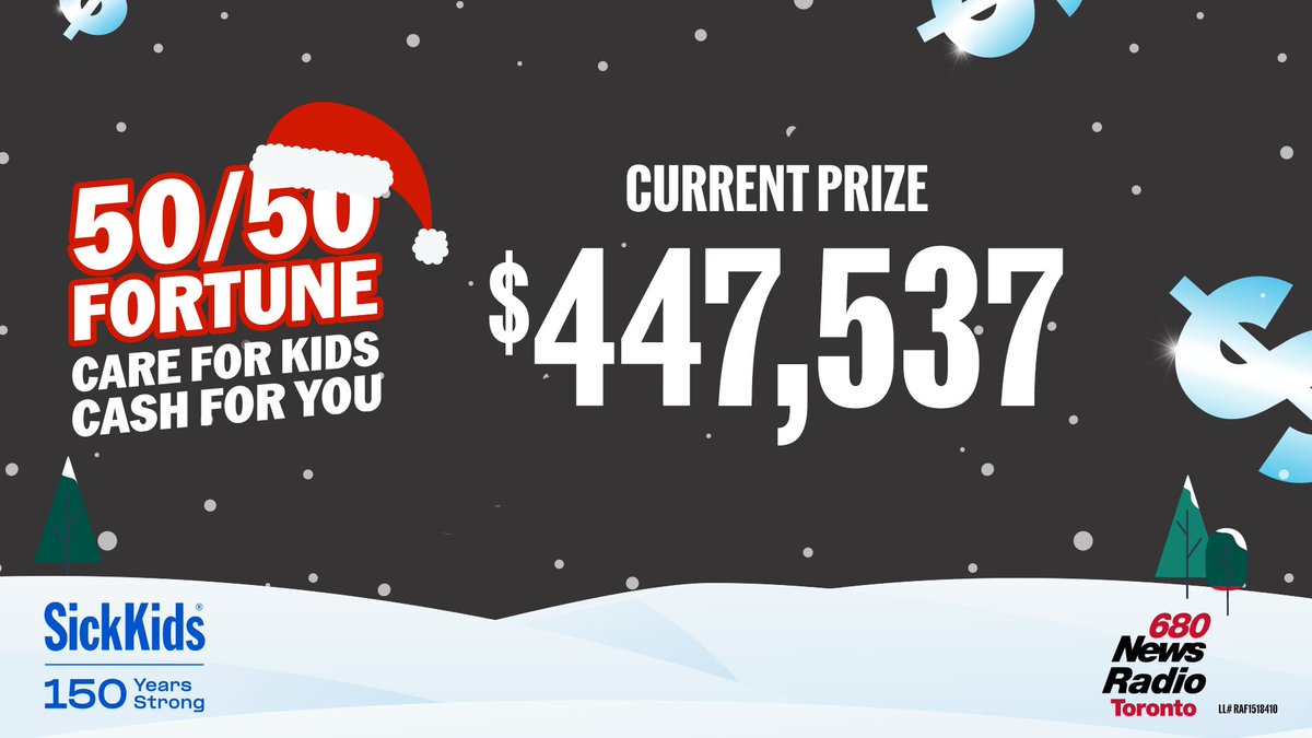 CityNewsTO's tweet photo. 3 DAYS UNTIL THE BIG DRAW on THURSDAY MORNING! Our take-home prize is at $447K and continues to climb! 🤑 Get your tickets for the 50/50 Fortune @sickkids 🎟️🎄 HERE: https://t.co/9hCy3lBdrF #CareForKids #CashForYou 18+. Ontario Only. Play Responsibly https://t.co/JsozVVVyQS