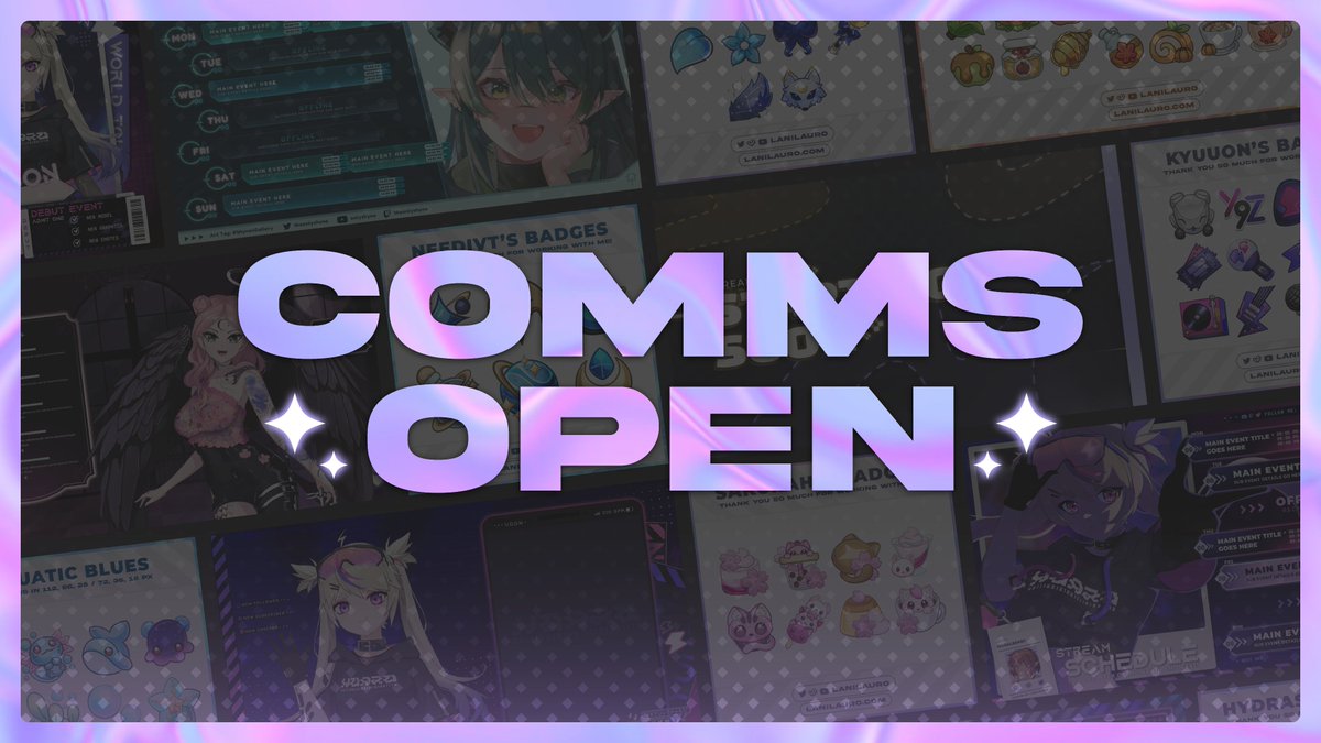 Comms are Open!! ✨

I'm looking to take on:
- A build your own stream bundle project
- Up to 2 other individual graphics projects
- Up to 3 channel badge sets

Check out all the info on VGen! DMs on VGen are welcome 💜

♡ + ↻ are greatly appreciated!
#VGenOpen #StreamAssets