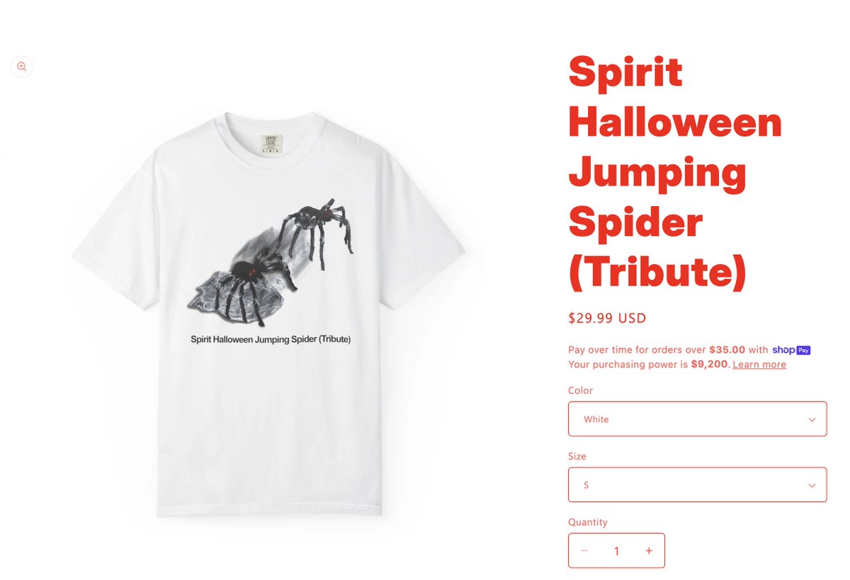 AnaretaHouse's tweet photo. Someone with IMPECCABLE taste is now the first person on earth to purchase my greatest design to date. The Spirit Halloween Jumping Spider (Tribute) shirt. There is not a finer shirt on the market. https://t.co/7wf0xf0f5t