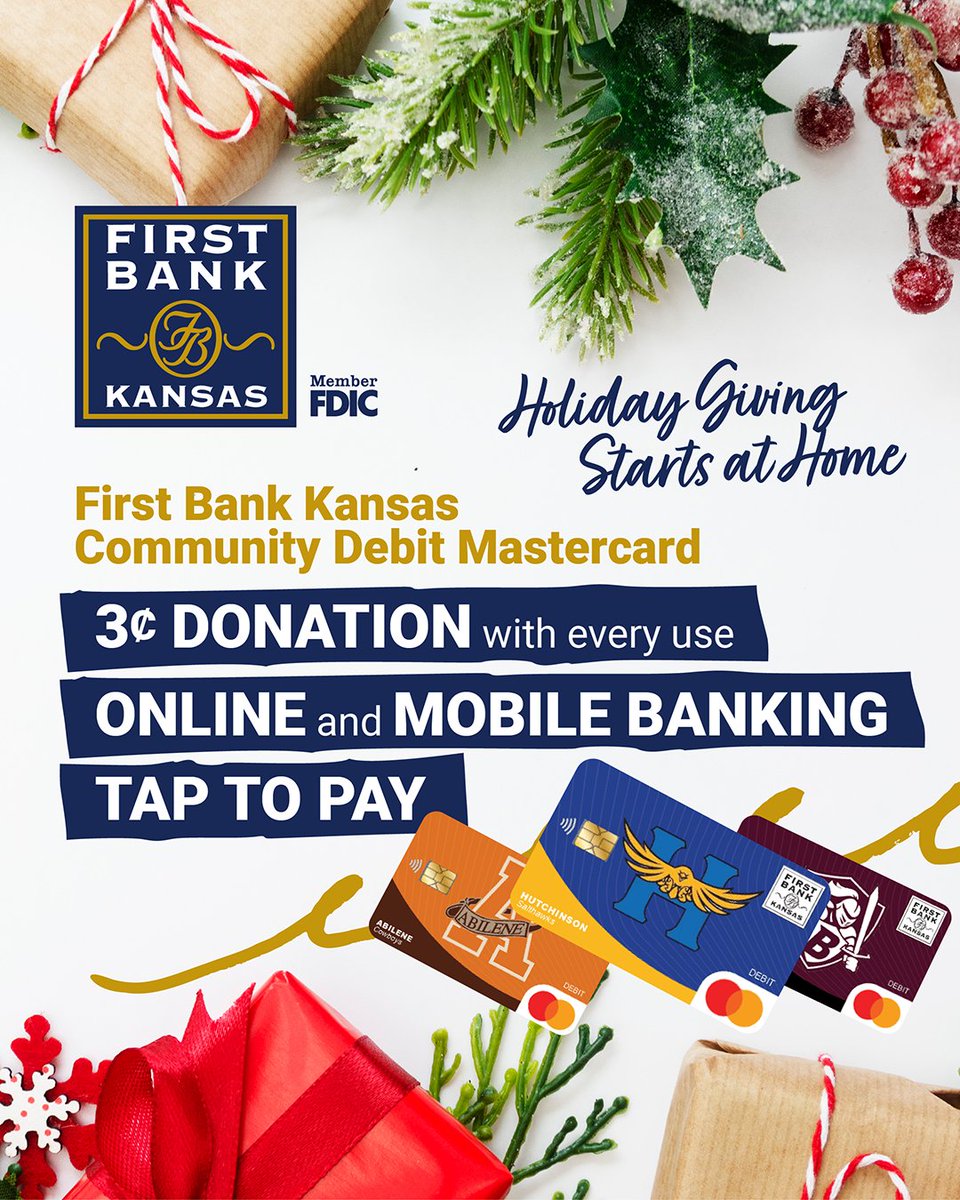 FirstBankKansas's tweet image. 'Tis the season to give back! Your holiday purchases can support your local high school when you use your First Bank Kansas Community Debit Mastercard.

For more info ➡️ firstbankkansas.com/services/accou…