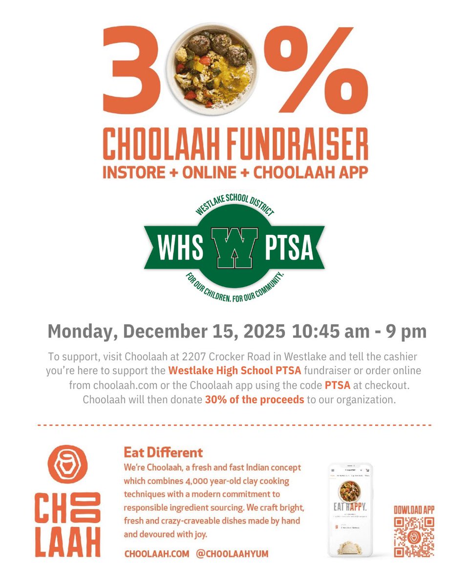 TODAY! Choolaah is sponsoring a dine-to-donate fundraiser for Westlake High School PTSA on Monday, Dec. 15, 10:45 am–9:00 pm. Details are on the flyer. 
Thank you for your support!